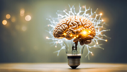 human brain light bulb - strong mind, brainstorm, imagination, intelligence, innovation, solution concept. creativity and intelligence conceptual image. - obrazy, fototapety, plakaty