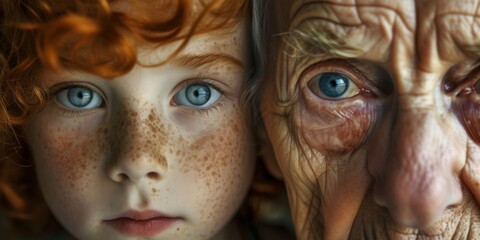 A striking close-up contrasting the fresh, freckled face of a young redhead child with the aged, wise features of an elderly person