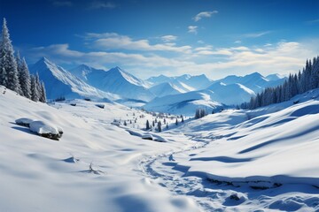 Fototapeta na wymiar Tranquil winter landscape unfolds, mountains adorned in pristine white snow