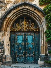 Mystical medieval wooden door entrance. Old rustic gothic door.
