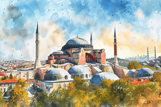 Hagia Sophia, Istanbul, Turkey. Watercolor sketch.