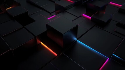 A minimalist HD wallpaper featuring super black with colorful RGB light effects and 3d cubes, evoking a futuristic, gaming, and high-tech ambiance
