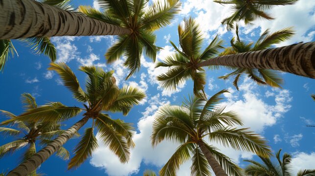 looking up view of palm trees and blue sky