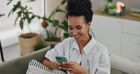 Happy woman, phone and social media on sofa for communication or networking in living room at home. Young female person with smile on mobile smartphone for online chatting, texting or app at house