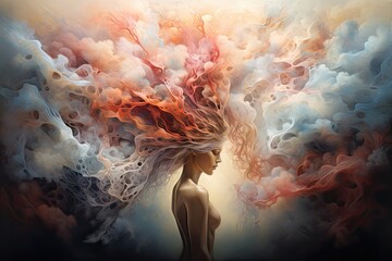 Abstract surreal image of brain experiencing brain fog - obrazy, fototapety, plakaty