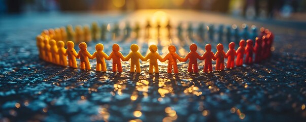 a group of small plastic people holding hands - obrazy, fototapety, plakaty