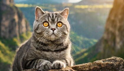 British Shorthair cat looks at the camera