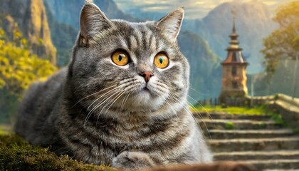 British Shorthair cat looks at the camera
