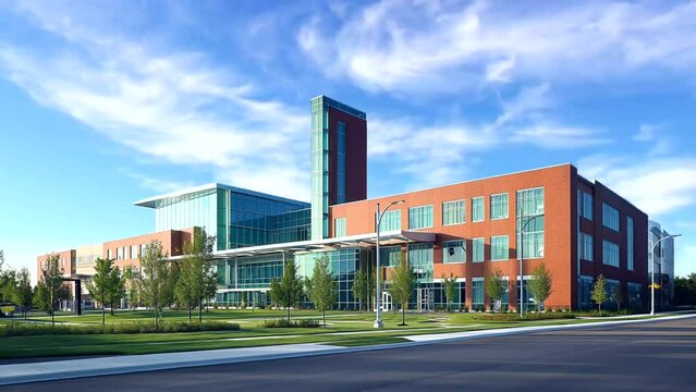 Luxury modern hospital with white clouds moving in the blue sky