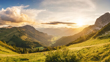 Scenic panorama mountain landscape at sunset