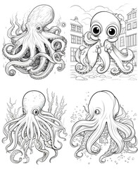 set of octopus Vector illustration of a cute animal square coloring book page for children. Featuring a simple, funny kid's drawing with bold black lines sketched on a crisp white background.