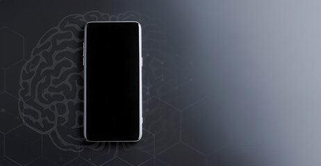 Smartphone isolated on black background. Artificial Intelligence app on mobile phone. AI concept.