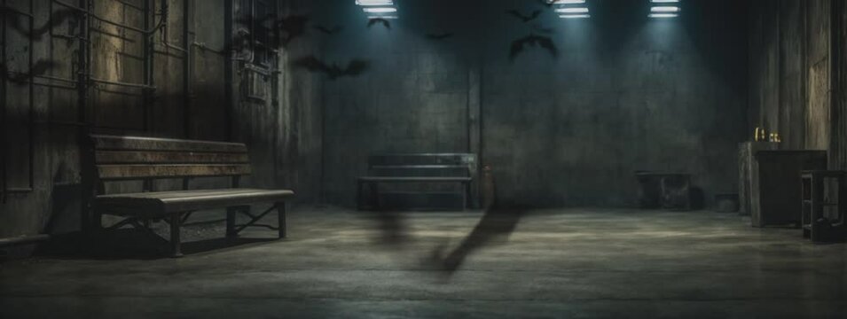 Dark Room With Bench and Bats Flying Overhead