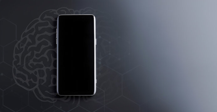 Smartphone isolated on black background. Artificial Intelligence app on mobile phone. AI concept.