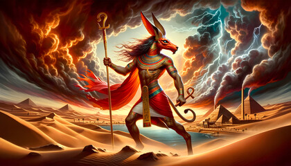 Illustration of the Egyptian deity Seth, god of chaos, storms and war, depicted in an ancient Egyptian desert landscape