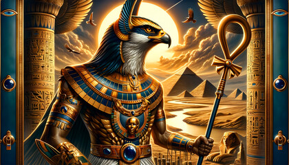 Egyptian deity Horus, depicted as a majestic figure in an ancient Egyptian setting - obrazy, fototapety, plakaty
