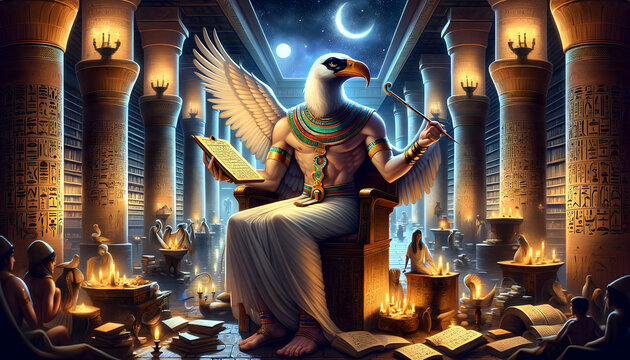 illustration of the Egyptian deity Thoth, depicted in a mystical ancient Egyptian setting