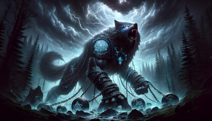 illustration of the mythological creature, the gigantic wolf Fenrir - obrazy, fototapety, plakaty