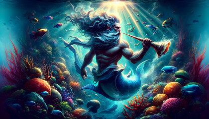 illustration of the mythological creature, Triton, in the depths of the ocean