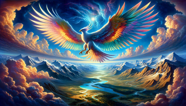 illustration of the mythological creature, the Ziz, portrayed as a colossal bird casting its shadow over the landscapes below