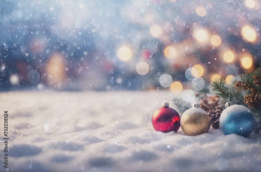 Poster Blue and Red Ornament in Snow, Christmas winter background with snow and blurred bokeh.