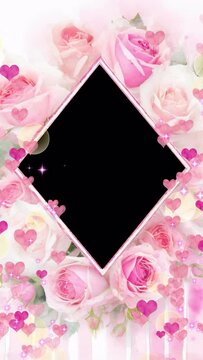 Diamond-shaped photo frame with rose arrangement and heart: Decorative imagery evoking a happy wedding, looped vertical video.
