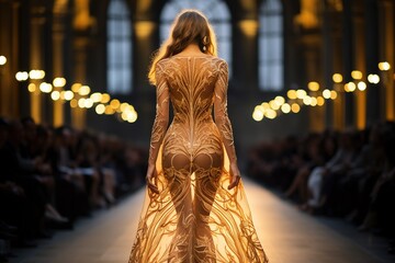 Beautiful Young Model back view on fashion show wearing gown, Ai Generated - obrazy, fototapety, plakaty