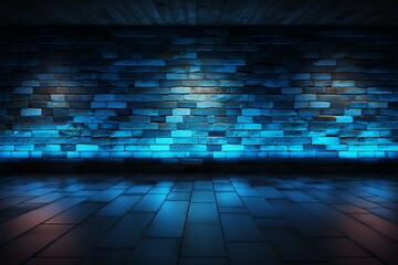 Futuristic ambiance Dark blue brick wall illuminated by neon lights