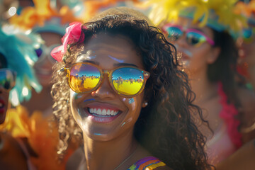 Bela jovem afro pintada e fantasiada, de óculos espelhados, no carnaval