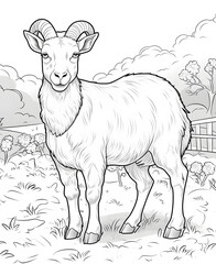 black and white sheep Vector illustration of a cute animal square coloring book page for children. Featuring a simple, funny kid's drawing with bold black lines sketched on a crisp white background.