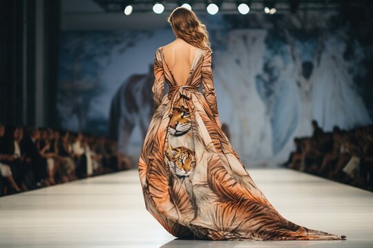 Fashion Model in tiger skin dress on the ramp at fashion show, Ai Generated