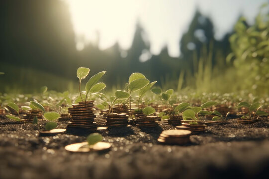 Coins and plants. Business concept. AI generative.