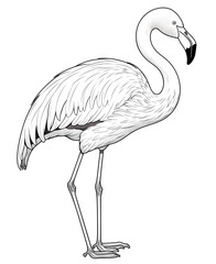 illustration of a pink flamingo Vector illustration of a cute animal square coloring book page for children. Featuring a simple, funny kid's drawing with bold black lines sketched on a crisp white bac