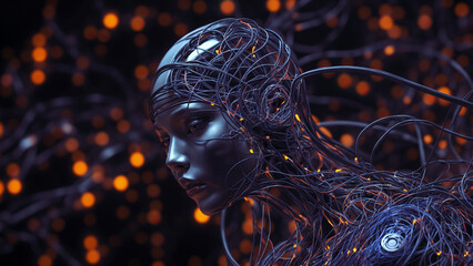 A woman with a futuristic, technological appearance. AI