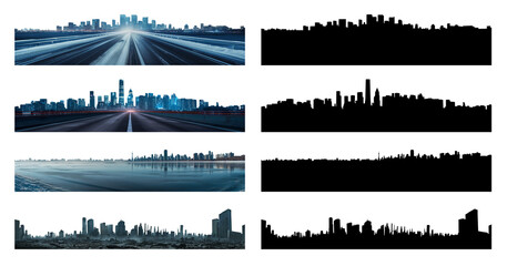 Set of city skylines. Urban dystopian concept collection. Highways, winter, apocalypse. Various options to pick from with a silhouette version. Pen tool cutout.  - obrazy, fototapety, plakaty