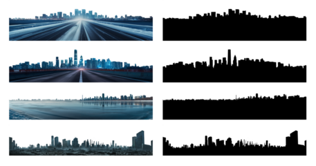 Set of city skylines. Urban dystopian concept collection. Highways, winter, apocalypse. Various options to pick from with a silhouette version. Pen tool cutout. 