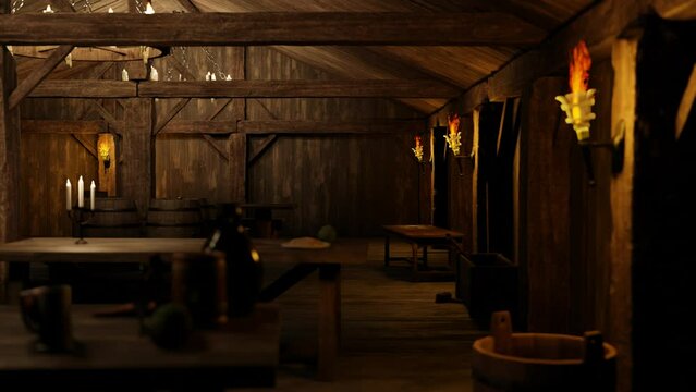 The inside of the old tavern is lit with torches and candles. There are tables with food and drinks. 3D animation.

