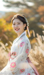 Fototapeta premium Korean woman wearing beautiful Hanbok,Generative AI 