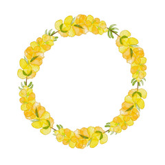 Wreath of yellow flowers. Delicate floral watercolor wreath frame. Blank template for greeting, invitation, poster, postcard, banner.