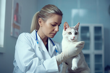 Veterinarian examines cat during appointment at veterinary clinic