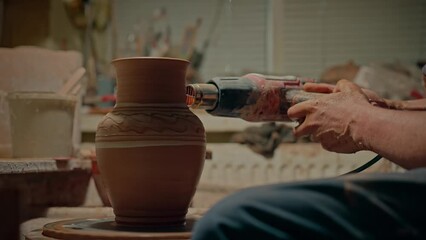 Potter in process of decoration the clay pot. Professional sculptor painting his ceramics jug. Ukrainian traditional pottery creating by hands of concentrated master. Ornament details on surface