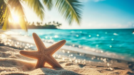 Fototapeta na wymiar Starfish on the beach with palm leaves and sea background. Summer vacation concept
