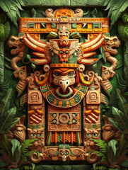 Obraz premium Mysterious Aztec Stone Carving Surrounded by Jungle Foliage