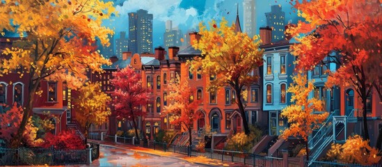 A cityscape painting with tall buildings, a mix of skyscrapers and houses, surrounded by trees, creating a natural urban landscape.