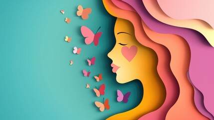 Unique paper cutting of woman's face and butterfly elements for international women s day