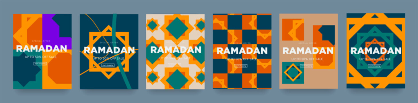 Ramadan Set with Geometric Patterns. Modern Background Concept for Advertising, Web, Poster, Social Media, Banner, Cover. 3D Sale 50% Off. Vector Illustration