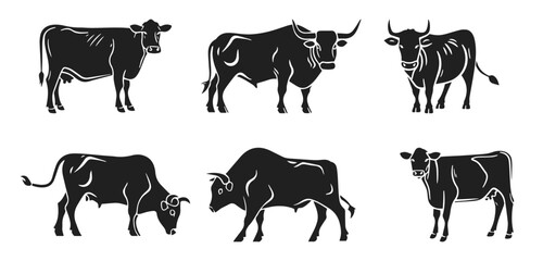 Cow vector illustration set. Cute ox, bull, calf in style of hand drawn black doodle on white background. Farm animals, domestic pet silhouette sketch - obrazy, fototapety, plakaty