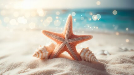 Fototapeta na wymiar Starfish on the beach with bokeh effect. Summer vacation concept