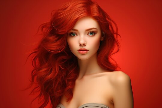 Portrait of beautiful young woman with red hair on red background, Ai Generated