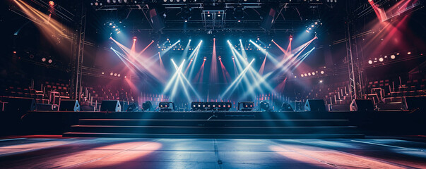A Live stage production in an live venue. Stage rigging equipment, lighting, and PA systems. 